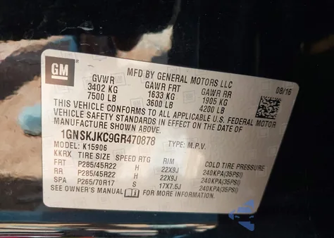 2016 Chevrolet Suburban Ltz from USA, damaged, VIN 1GNSKJKC9GR470878